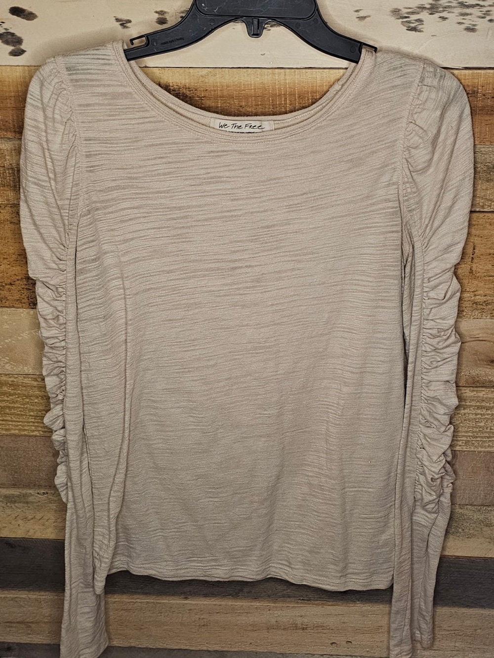 We The Free Long Sleeve Ruched-Sleeve Top in Light Beige
